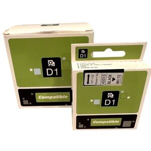 DYMO D1 45013 Black‎ White Label Cassettes 1/2" x 23' 12mm x 7m GENUINE Lot of 2